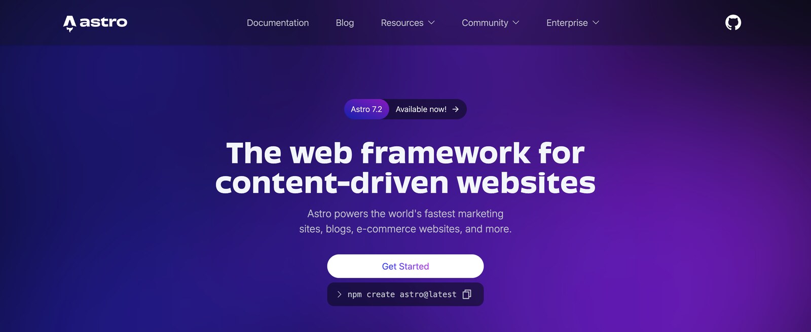The astro.build home page as captured by Agent Eyes: dark violet hero reading 'The web framework for content-driven websites', with the navigation bar above and the Get Started button below.