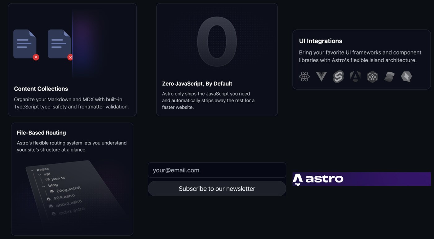Six component crops from the same capture: four dark feature cards, a newsletter sign-up form, and the Astro wordmark from the navigation bar.