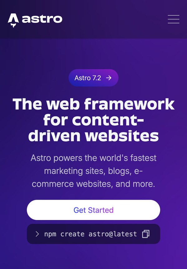 The same Astro home page captured at a 780-pixel mobile viewport, with the hamburger menu and stacked headline.