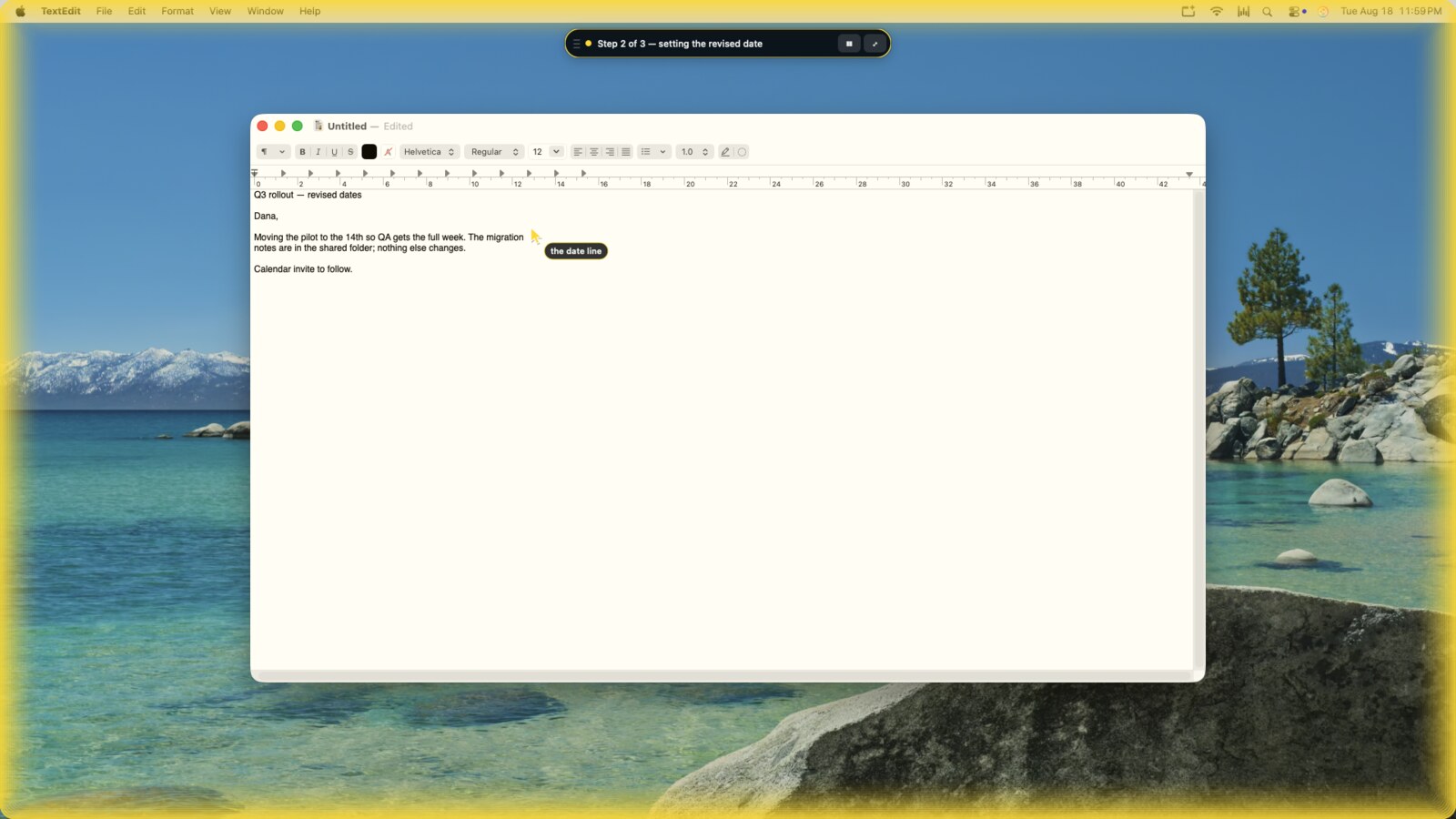 The same desktop, still glowing yellow. The pointer has moved into the body of the document with a chip reading "the date line", and the pill now reads "Step 2 of 3 — setting the revised date".