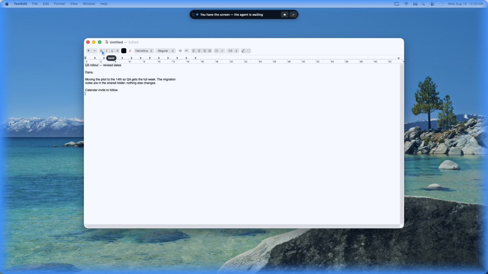 The same desktop with the glow now blue instead of yellow. The drawn pointer has turned blue, and the pill reads "You have the screen — the agent is waiting".